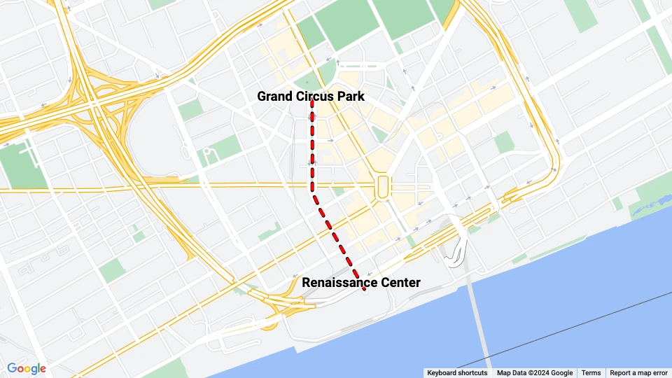 Detroit Citizens Railway: Renaissance Center - Grand Circus Park route map