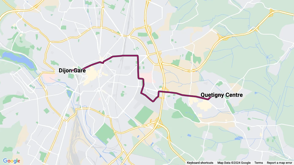 Dijon tram line T1: Dijon Gare - Quetigny Centre route map