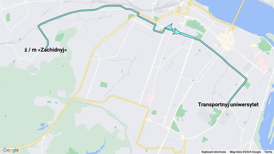 Dnipro tram line 5: ż / m «Zachidnyj» - Transportnyj uniwersytet route map