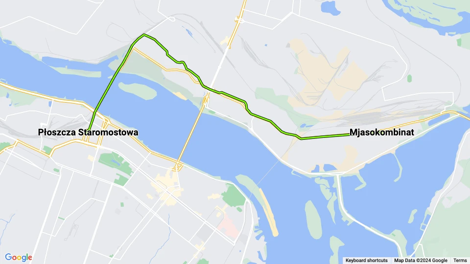 Dnipro tram line 9: Mjasokombinat - Płoszcza Staromostowa route map