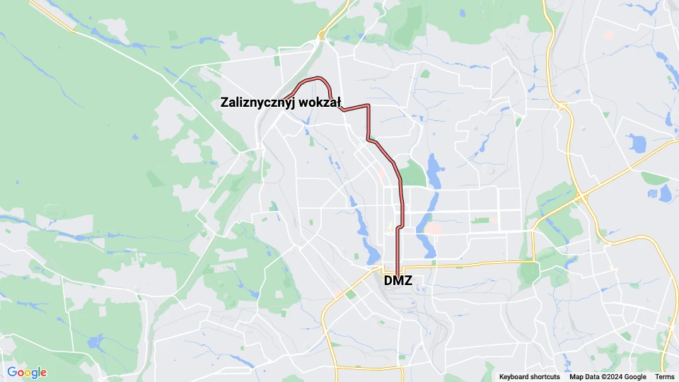 Donetsk tram line 1: Zaliznycznyj wokzał - DMZ route map