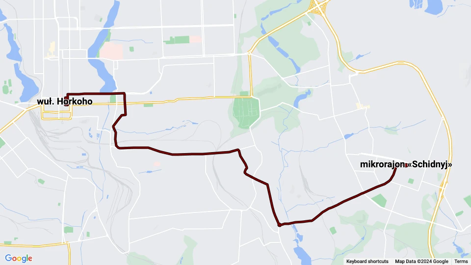 Donetsk tram line 10: wuł. Horkoho - mikrorajon «Schidnyj» route map