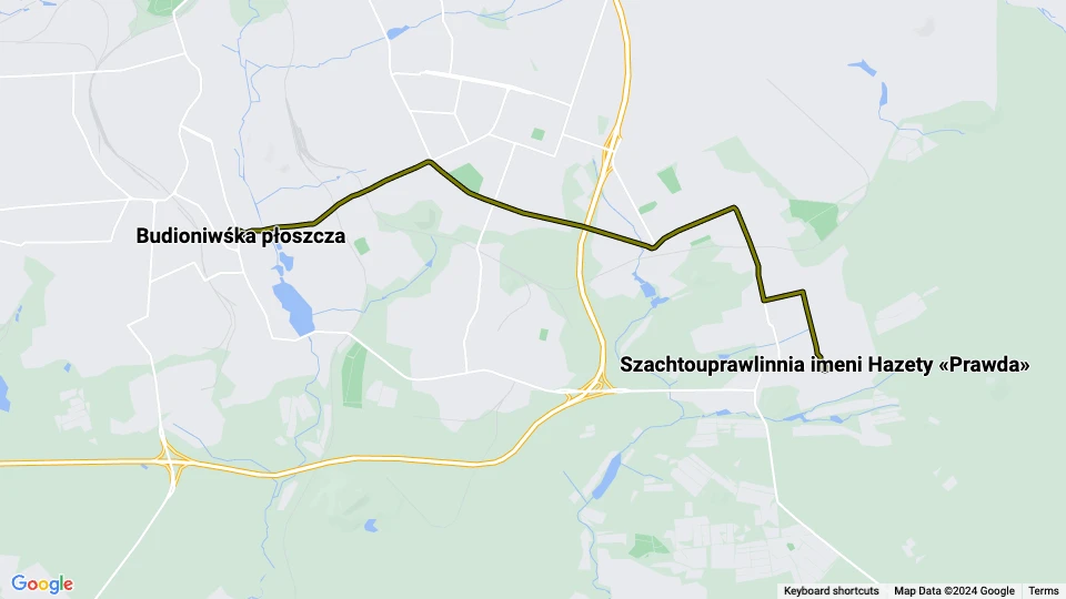 Donetsk tram line 15: Budioniwśka płoszcza - Szachtouprawlinnia imeni Hazety «Prawda» route map