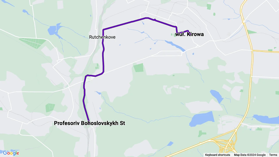 Donetsk tram line 16: Profesoriv Bohoslovskykh St - wuł. Kirowa route map