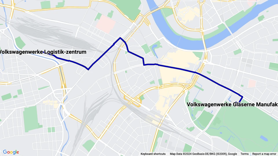 Dresden CarGoTram: Volkswagenwerke Logistik-zentrum - Volkswagenwerke Gläserne Manufaktur route map