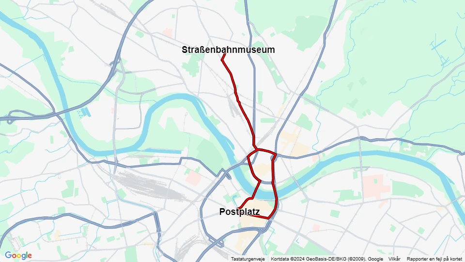 Dresden museum line 16: Straßenbahnmuseum - Postplatz route map