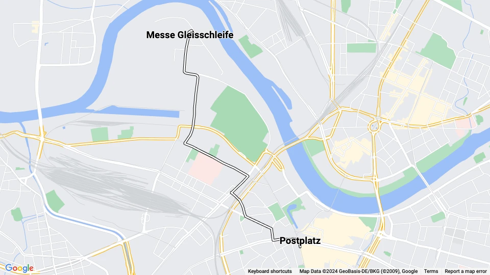 Dresden special event line 20: Postplatz - Messe Gleisschleife route map