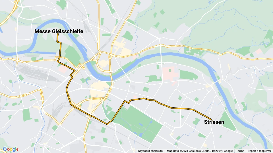 Dresden tram line 10: Striesen - Messe Gleisschleife route map