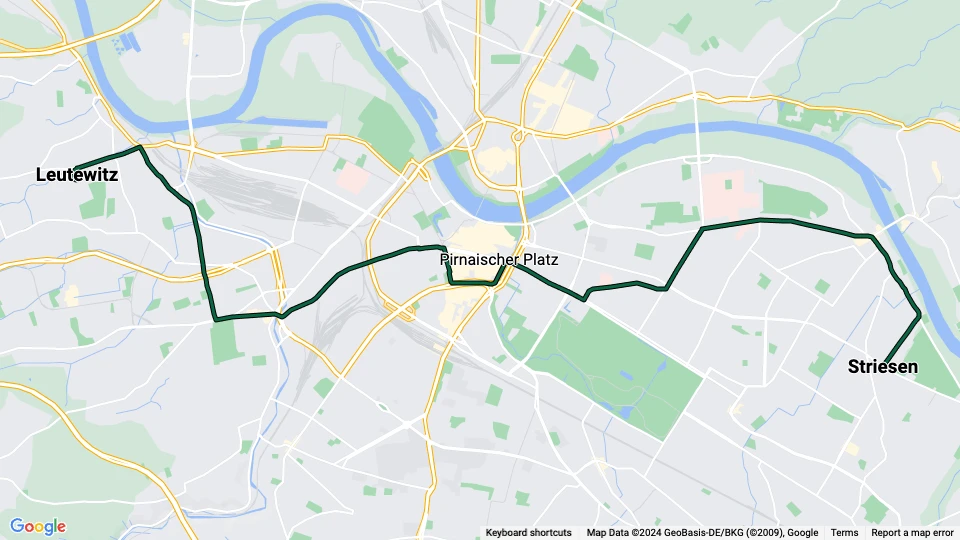 Dresden tram line 12: Leutewitz - Striesen route map