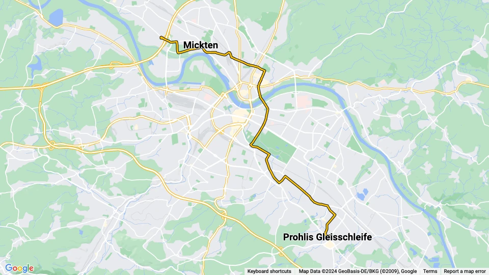 Dresden tram line 13: Kaditz, Rigelplatz - Prohlis Gleisschleife route map