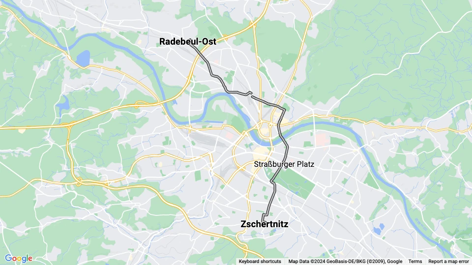 Dresden tram line 16: Zschertnitz - Radebeul-Ost route map