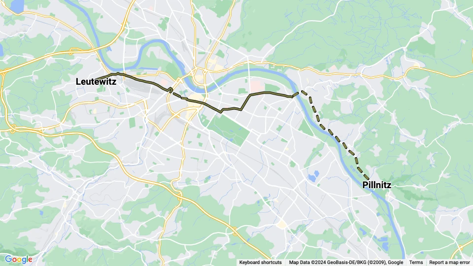 Dresden tram line 18: Leutewitz - Pillnitz route map