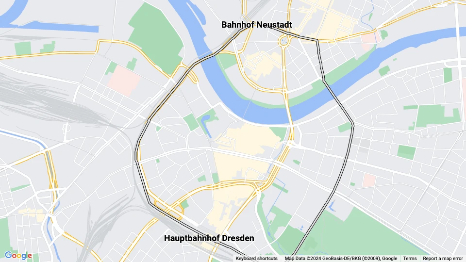 Dresden tram line 26: Hauptbahnhof Dresden - Bahnhof Neustadt route map