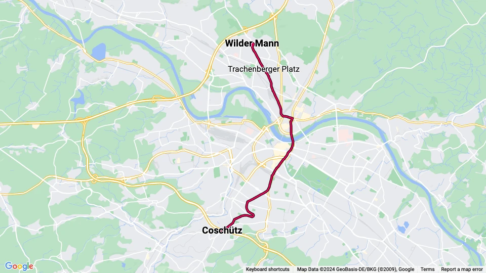 Dresden tram line 3: Coschütz - Wilder Mann route map