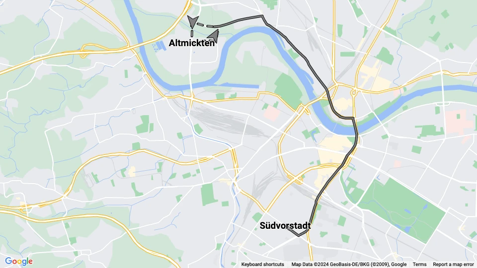 Dresden tram line 5: Südvorstadt - Altmickten route map