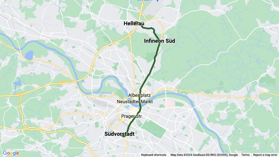Dresden tram line 8: Hellerau - Südvorstadt route map