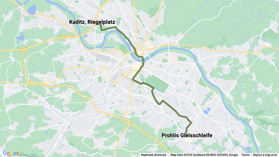 Dresden tram line 9: Prohlis Gleisschleife - Kaditz, Rigelplatz route map