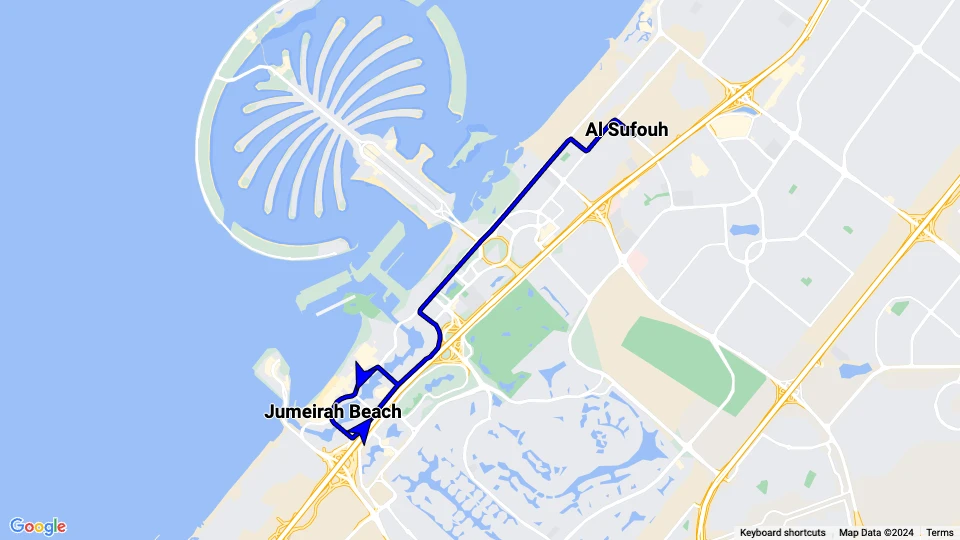 Dubai tram line 1: Al Sufouh - Jumeirah Beach route map