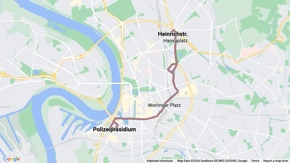 Düsseldorf extra line 708: Heinrichstr. - Polizeipräsidium route map