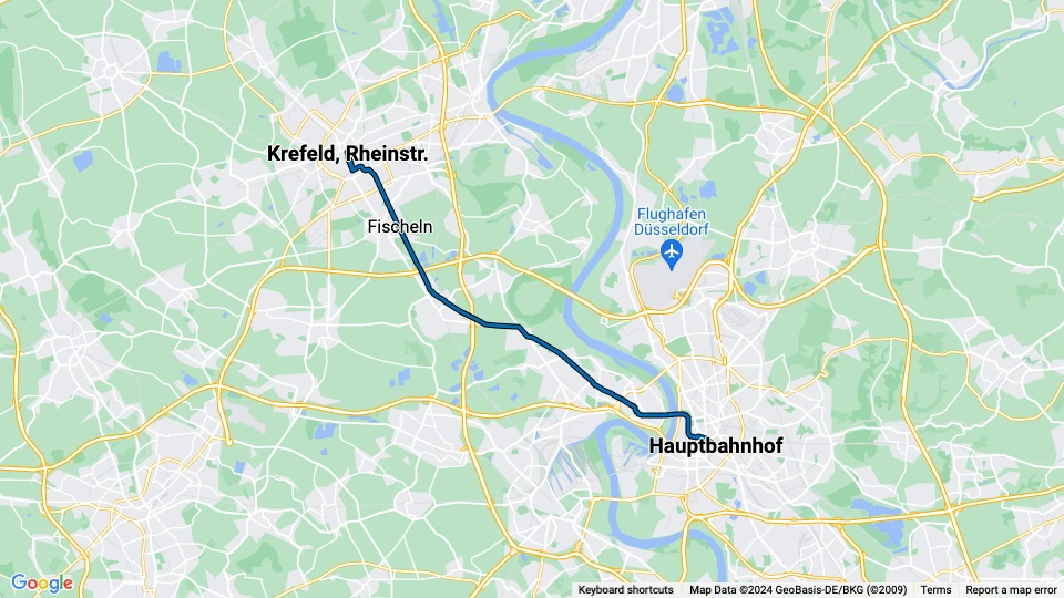 Düsseldorf extra regional line U76: Hauptbahnhof - Krefeld, Rheinstr. route map