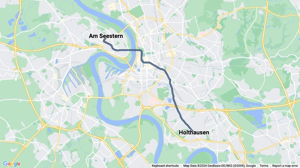 Düsseldorf extra regional line U77: Am Seestern - Holthausen route map