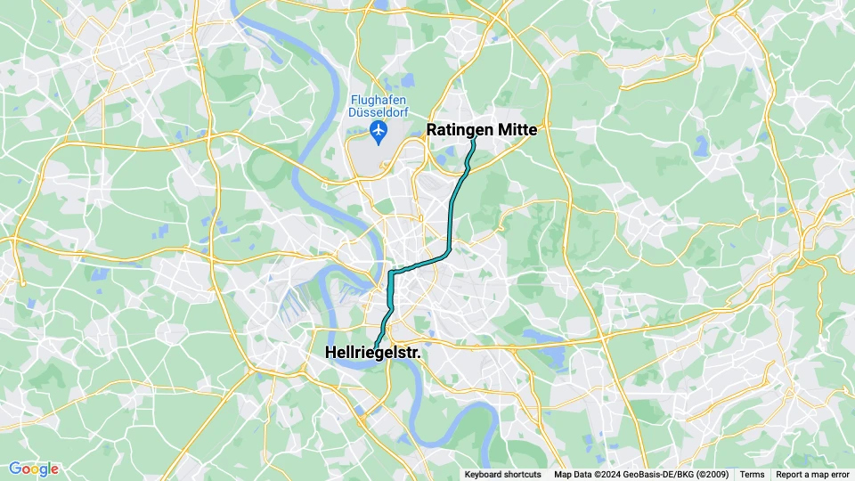 Düsseldorf regional line U72: Ratingen Mitte - Hellriegelstr. route map