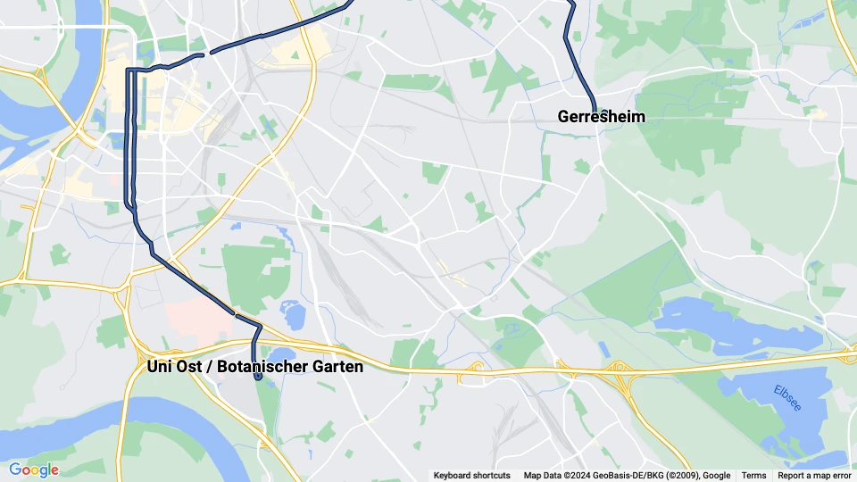 Düsseldorf regional line U73: Uni Ost / Botanischer Garten - Gerresheim route map