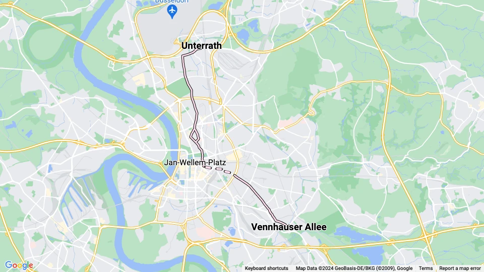 Düsseldorf tram line 702: Unterrath - Vennhauser Allee route map