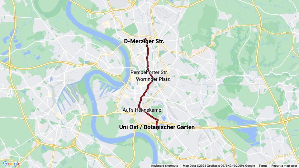 Düsseldorf tram line 704: D-Merziger Str. - Uni Ost / Botanischer Garten route map