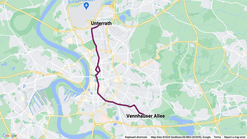 Düsseldorf tram line 705: Unterrath - Vennhauser Allee route map