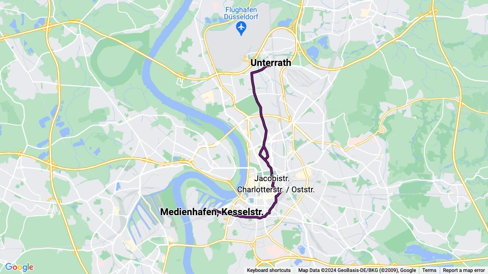 Düsseldorf tram line 707: Unterrath - Medienhafen, Kesselstr. route map