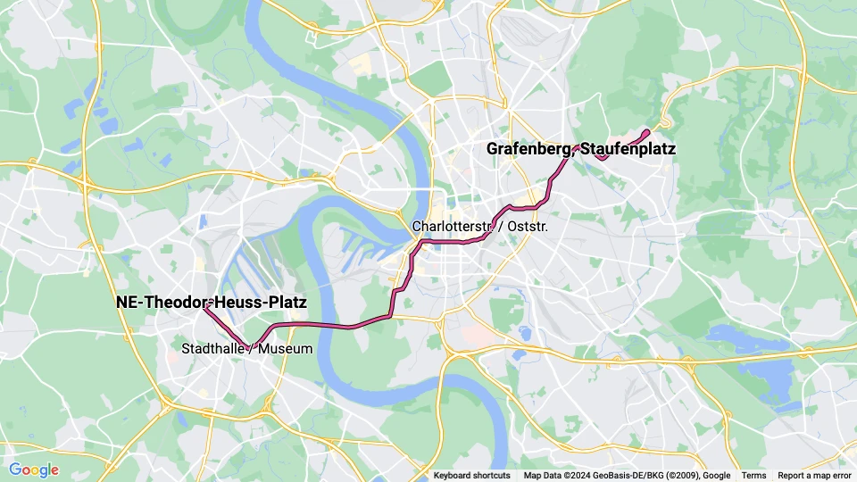 Düsseldorf tram line 709: Gerresheim, Krankenhaus - NE-Theodor-Heuss-Platz route map