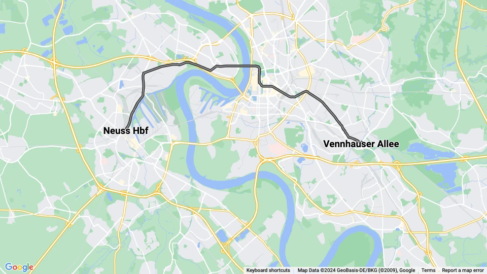 Düsseldorf tram line 715: Neuss Hbf - Vennhauser Allee route map
