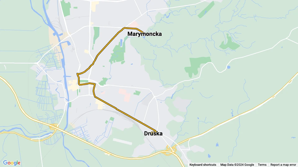 Elbląg tram line 2: Druska - Marymoncka route map