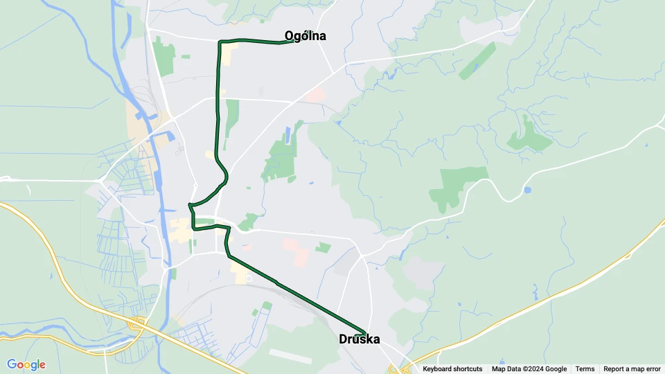 Elbląg tram line 4: Druska - Ogólna route map
