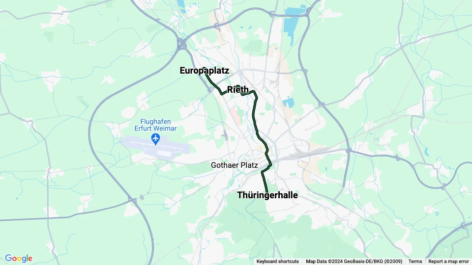 Erfurt tram line 1: Europaplatz - Thüringerhalle route map