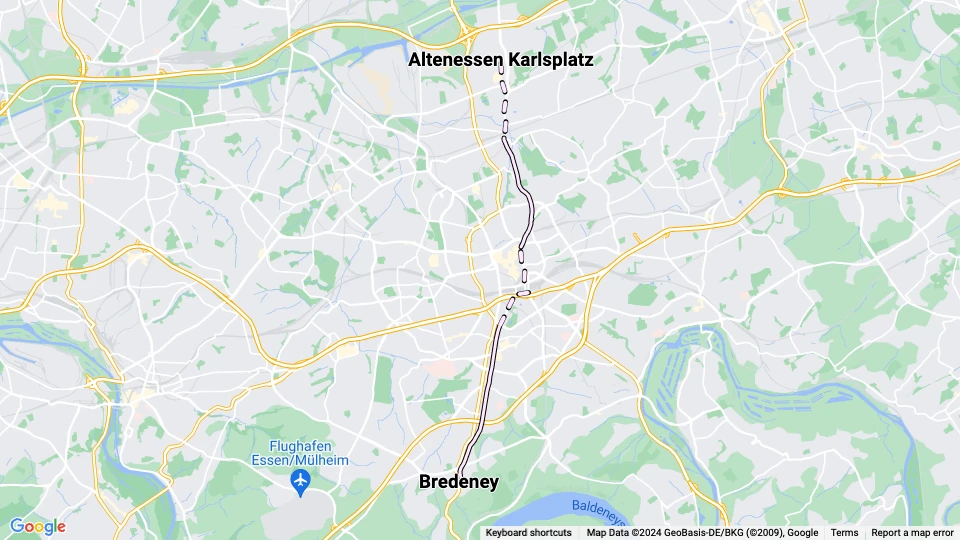 Essen tram line 2: Bredeney - Altenessen Karlsplatz route map