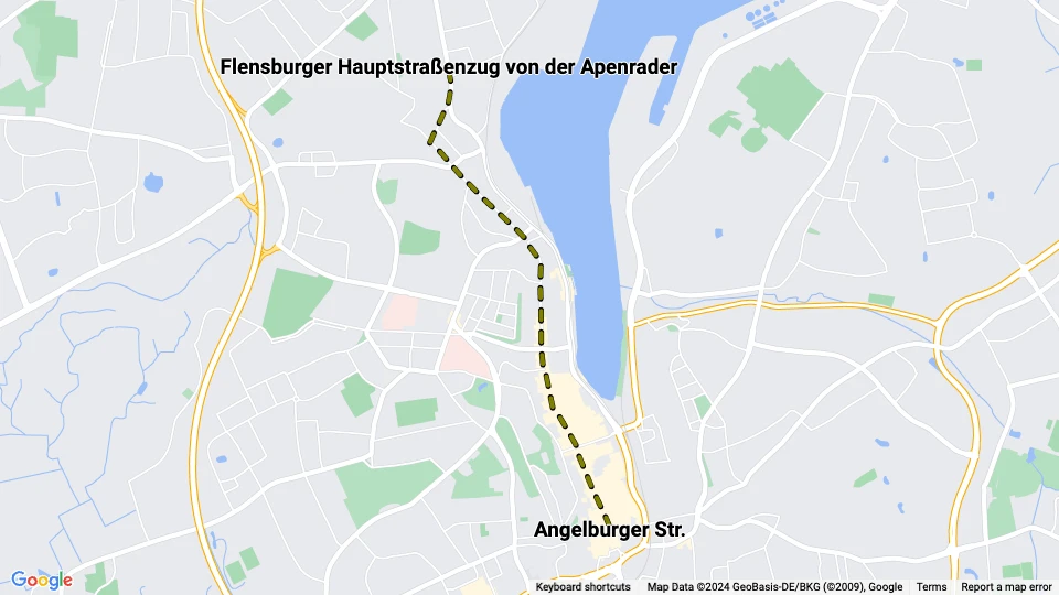Flensburg horse tram line: Angelburger Str. - Flensburger Hauptstraßenzug von der Apenrader route map