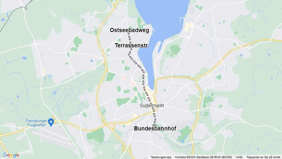Flensburg tram line 1: Bundesbahnhof - Ostseebadweg route map