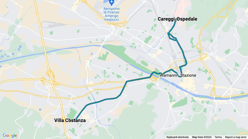 Florence tram line T1: Careggi-Ospedale - Villa Costanza route map