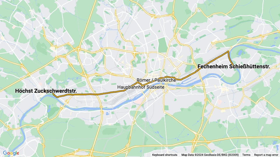 Frankfurt am Main tram line 11: Höchst Zuckschwerdtstr. - Fechenheim Schießhüttenstr. route map