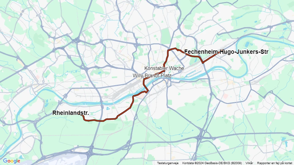 Frankfurt am Main tram line 12: Rheinlandstr. - Fechenheim Hugo-Junkers-Str route map