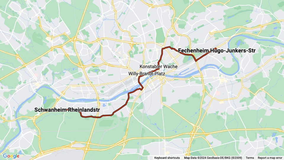Frankfurt am Main tram line 12: Schwanheim Rheinlandstr - Fechenheim Hugo-Junkers-Str route map