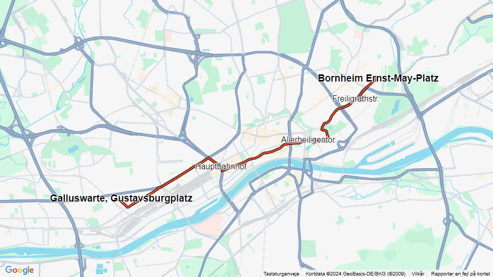 Frankfurt am Main tram line 14: Galluswarte, Gustavsburgplatz - Bornheim Ernst-May-Platz route map