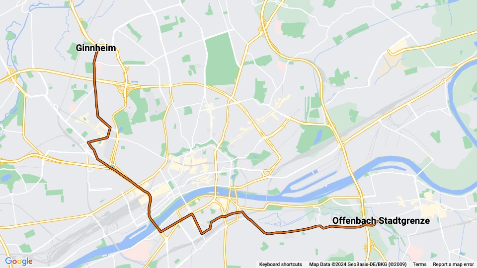 Frankfurt am Main tram line 16: Offenbach Stadtgrenze - Ginnheim route map