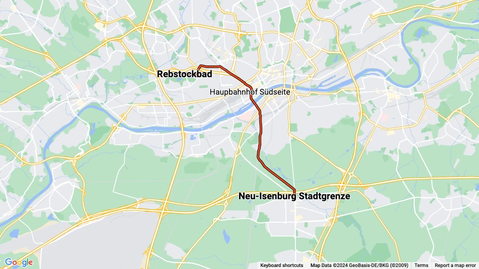 Frankfurt am Main tram line 17: Rebstockbad - Neu-Isenburg Stadtgrenze route map