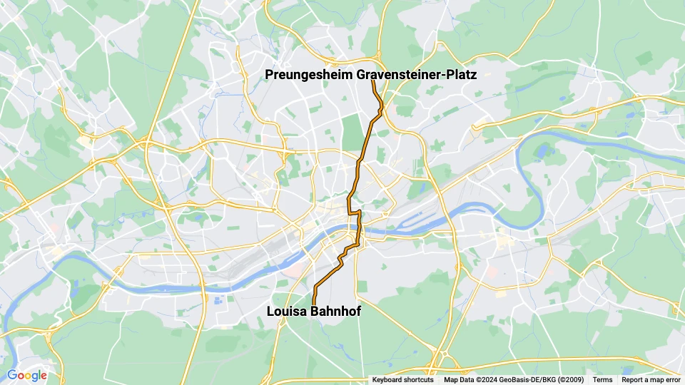 Frankfurt am Main tram line 18: Preungesheim Gravensteiner-Platz - Louisa Bahnhof route map