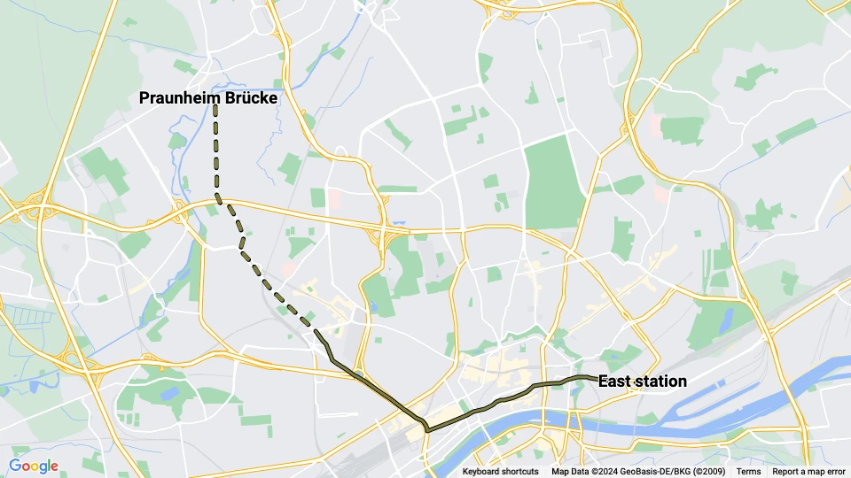 Frankfurt am Main tram line 6: Praunheim Brücke - East station route map
