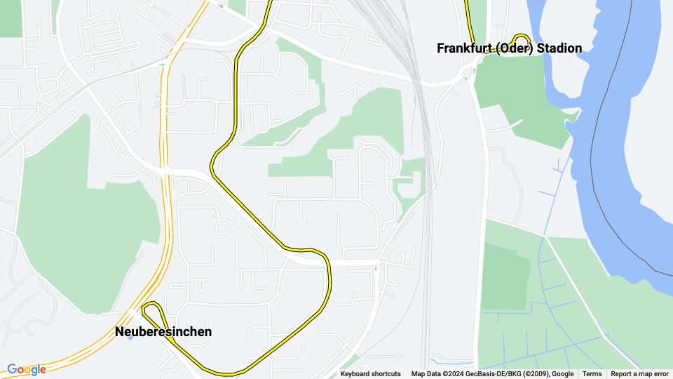 Frankfurt (Oder) tram line 1: Neuberesinchen - Frankfurt (Oder) Stadion route map