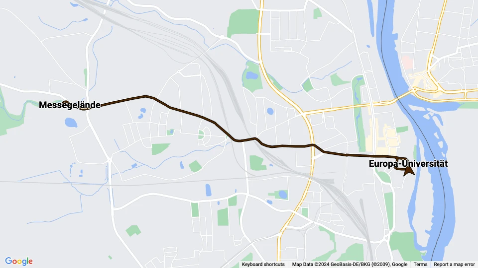 Frankfurt (Oder) tram line 2: Europa-Universität - Messegelände route map